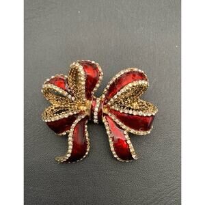 Vintage Kenneth Cole Christmas Gold Tone Red Enamel Crystal Ribbon Bow Brooch